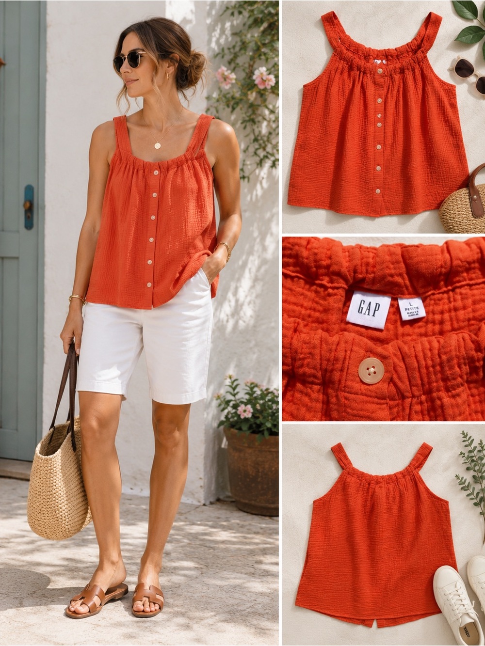 Gap Double Gauze Tank Top L Petite Orange Button Front Cotton Summer